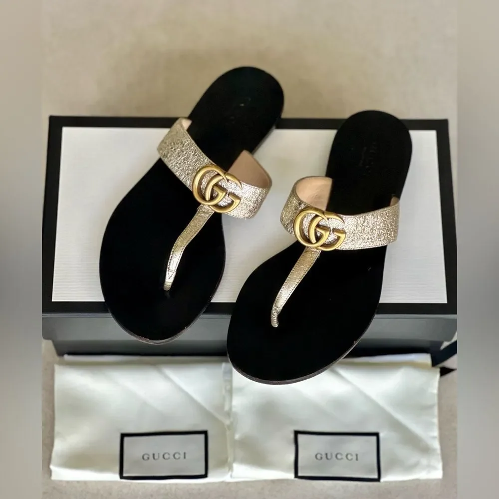 Gucci GG Marmont Sandals Metallic Gold Leather Thong Flats Flip Flops Size 37